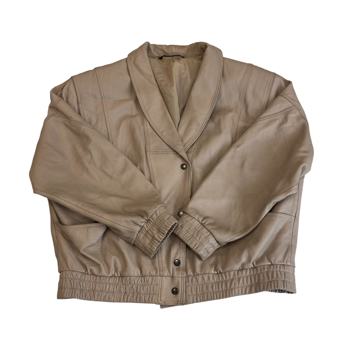 Womens Leather Jacket XL Beige Lined Long Sleeve Shawl Lapel Snap Button