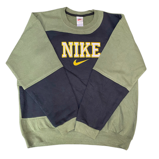 Nike Reworked Sweatshirt Mens L Green Black Embroidered Spellout Logo Vtg Y2K