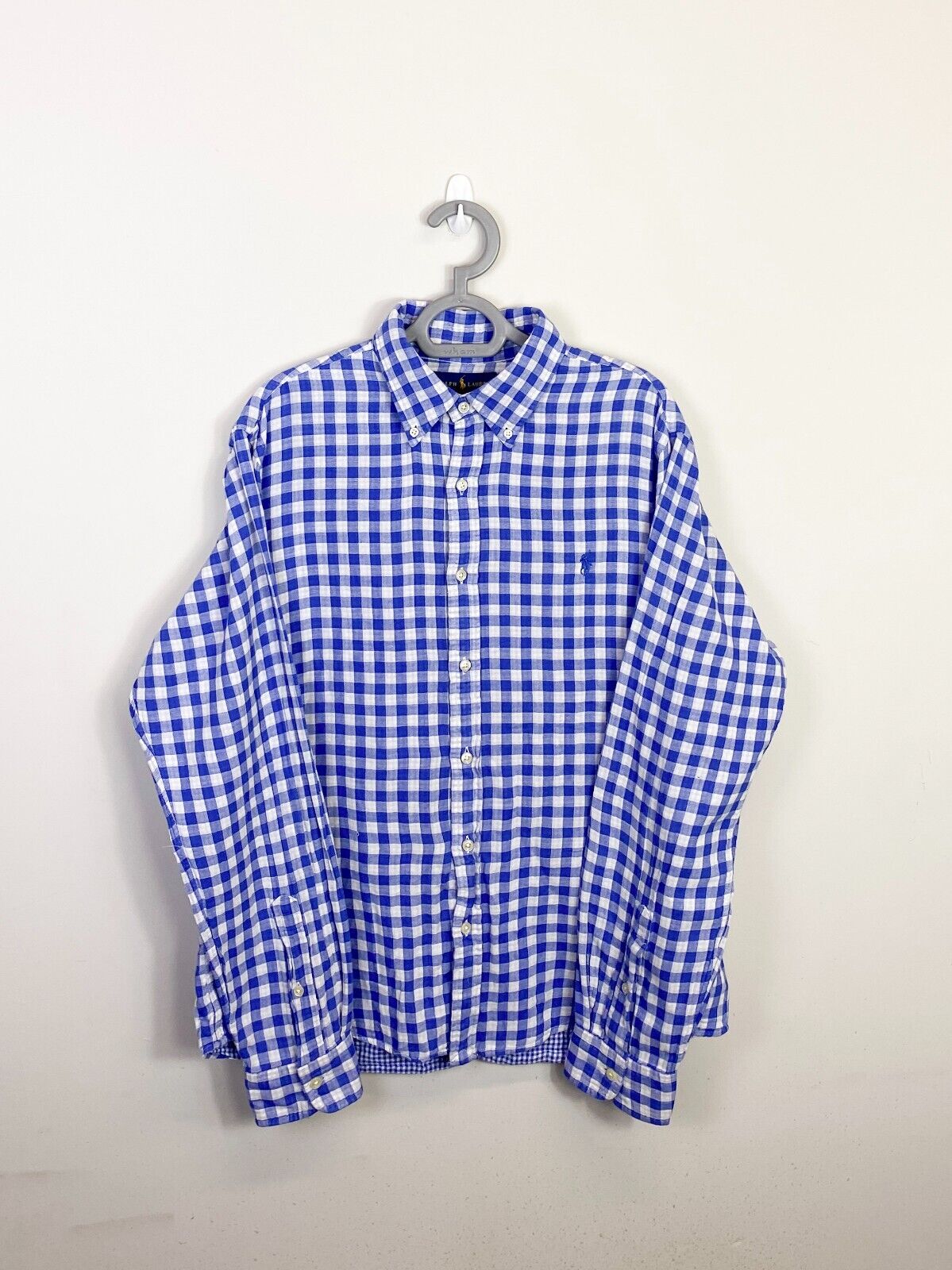 Ralph Lauren Shirt Mens L Blue Checkered Untucked Fit Blue Small Polo Pony Logo