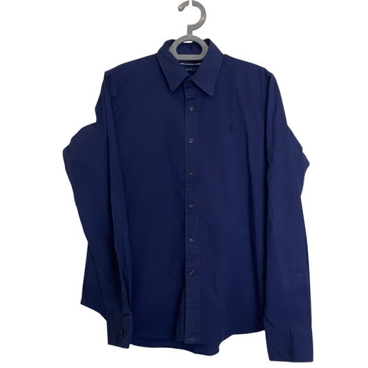 Ralph Lauren Formal Shirt Womens Medium Blue Slim Fit Small Blue Polo Pony Logo