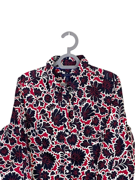 Tommy Hilfiger Shirt Women Large Black Red Floral Regular Fit Collar Button Down