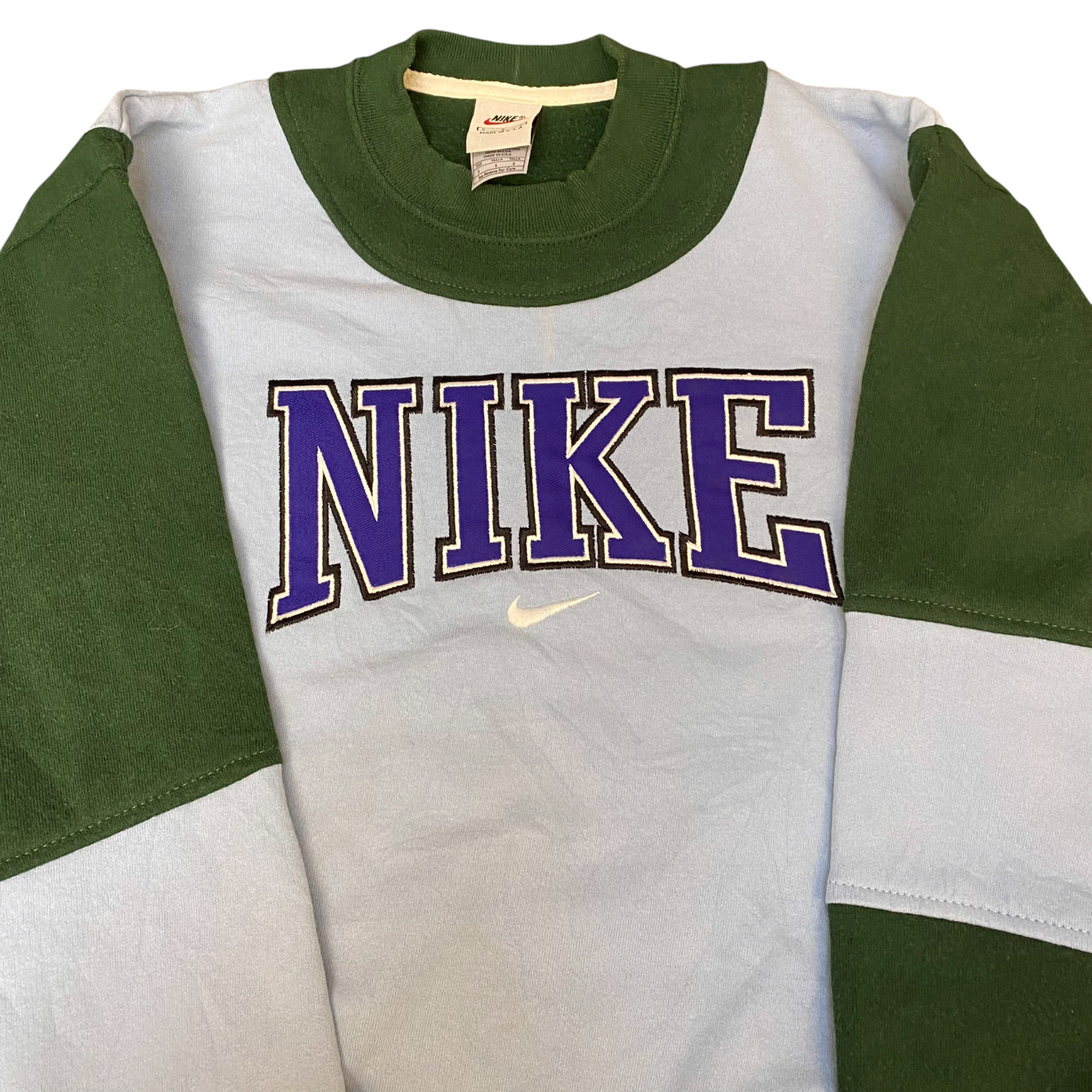Nike Reworked Sweatshirt Mens S Green Grey Embroidered Spellout Logo Vintage Y2K