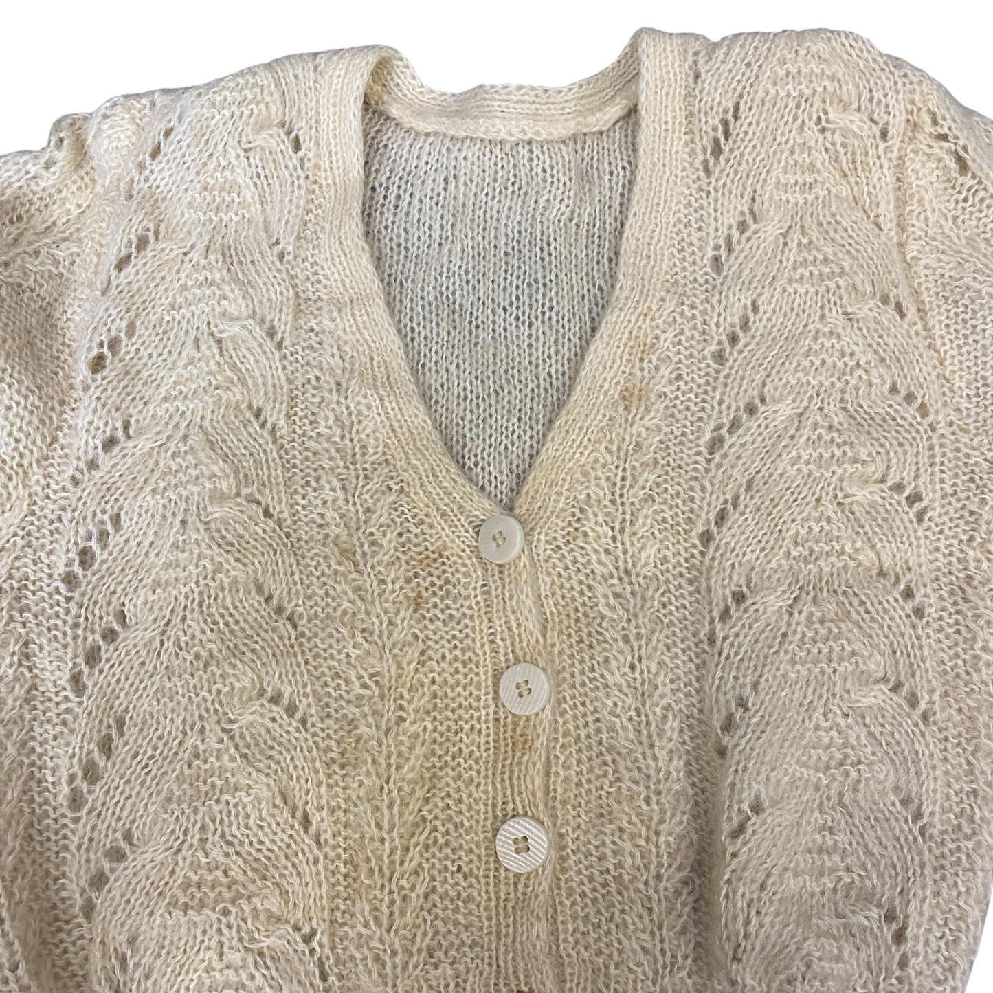 Womens Cardigan Jumper Medium Ivory Mohair Knitted Long Sleeve Button Front