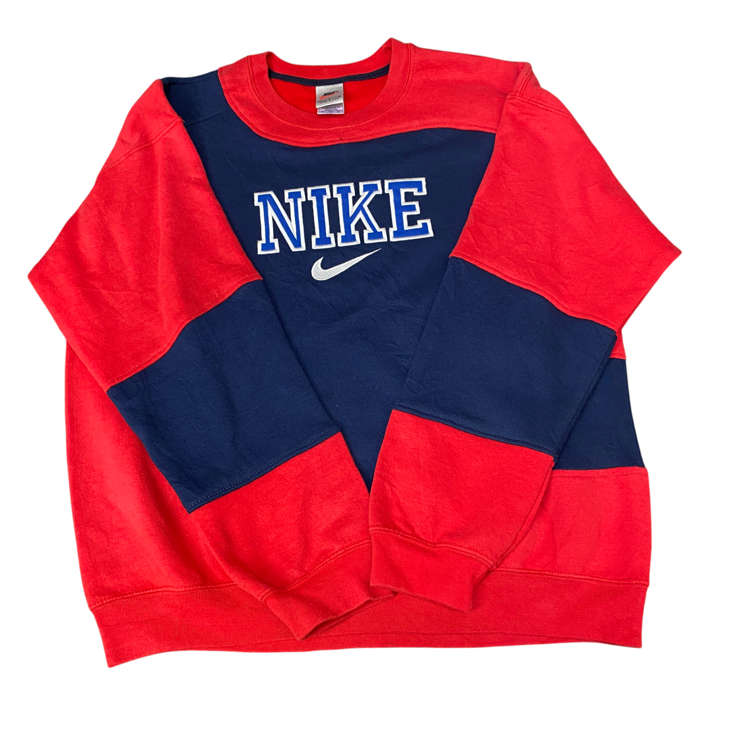 Nike Reworked Sweatshirt Mens L Navy Red Embroidered Spellout Logo Vintage Y2K