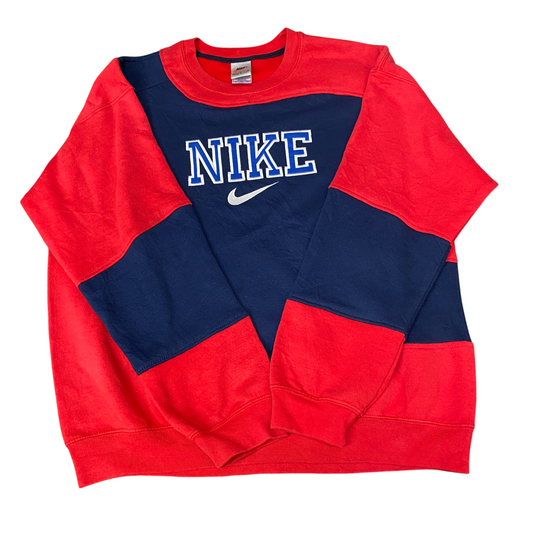 Nike Reworked Sweatshirt Mens L Navy Red Embroidered Spellout Logo Vintage Y2K