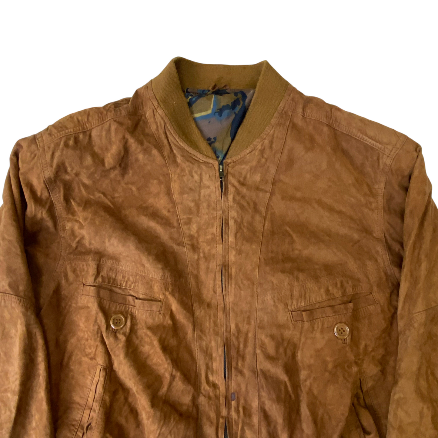 Bomber Jacket Mens Large Brown Suede Leather Pockets Long Sleeve Button Front