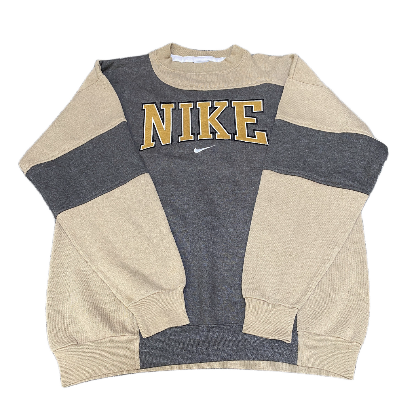 Nike Reworked Sweatshirt Mens M Grey Beige Embroidered Spellout Logo Vintage Y2K