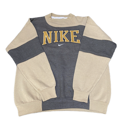 Nike Reworked Sweatshirt Mens M Grey Beige Embroidered Spellout Logo Vintage Y2K