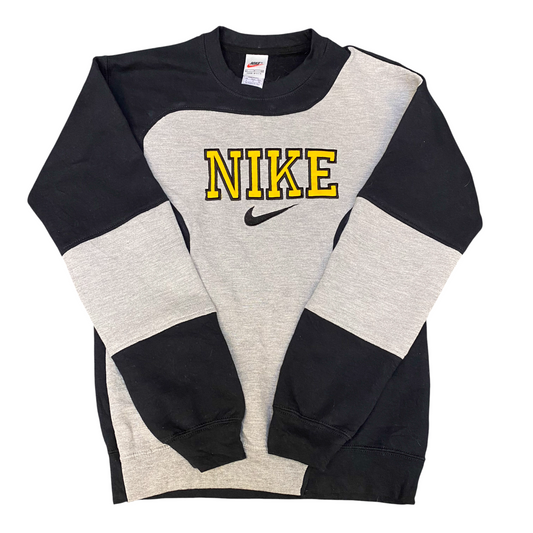 Nike Reworked Sweatshirt Mens Small Grey Black Embroidered Spellout Logo Vtg Y2K