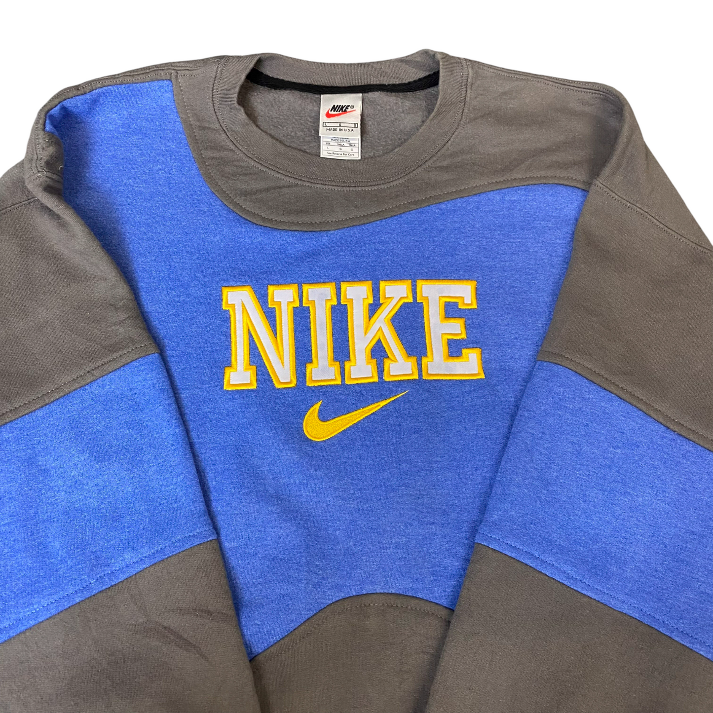 Nike Reworked Sweatshirt Mens Large Blue Grey Embroidered Spellout Logo Vtg Y2K