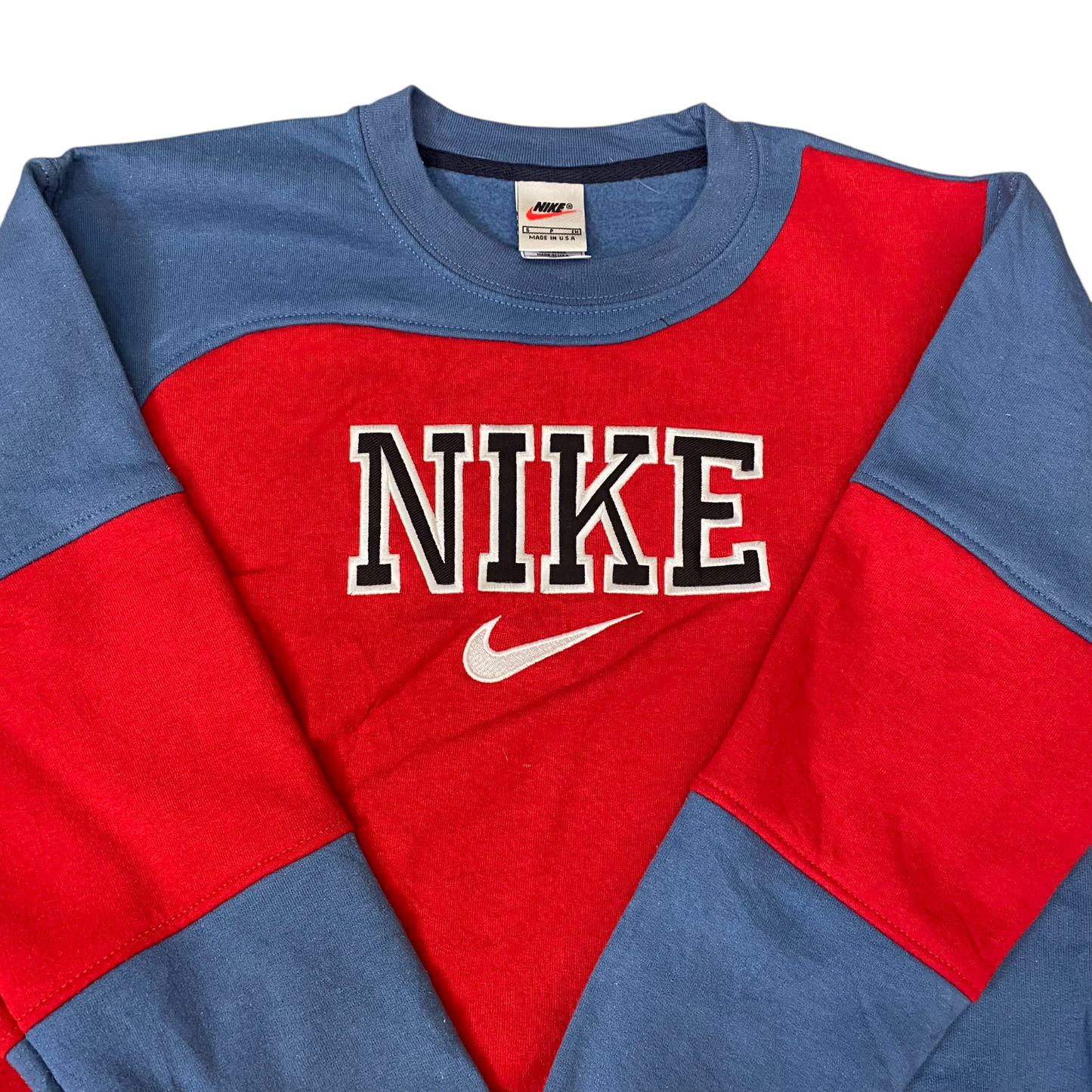 Nike Reworked Sweatshirt Mens S Blue Red Embroidered Spellout Logo Vintage Y2K