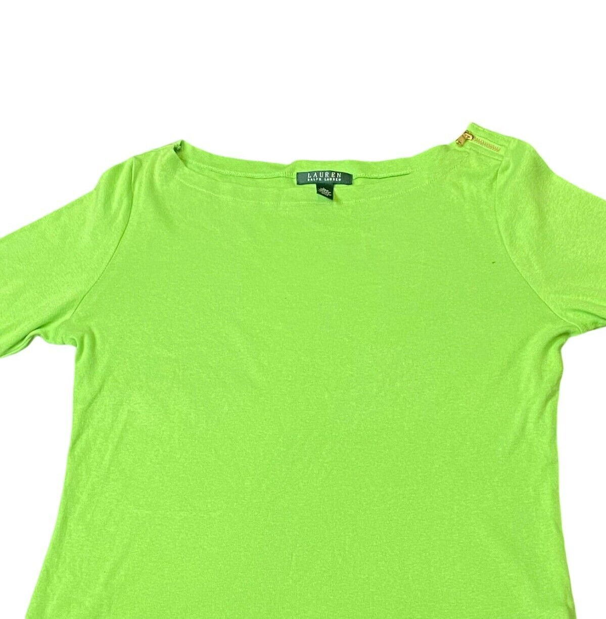 Ralph Lauren T-Shirt Women's L Lime Green 3/4 Cuffed Sleeve Shoulder Zip