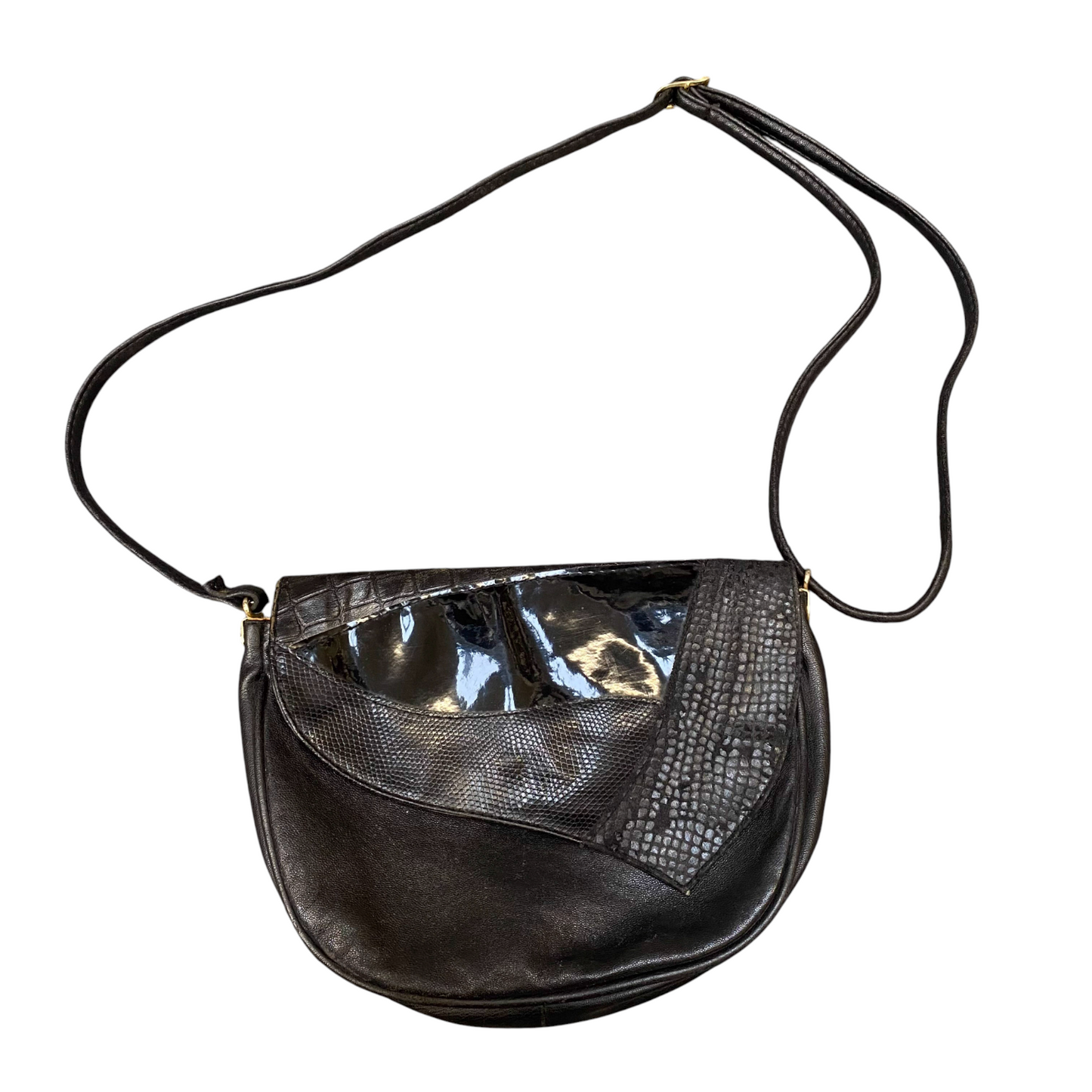 Vintage Womens Crossbody Purse Black Embossed Leather Magnetic Flap Closure