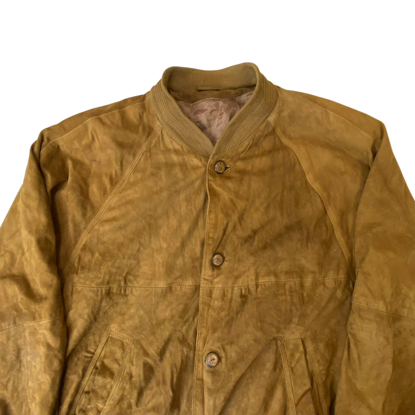 Bomber Jacket Mens Medium Brown Suede Leather Pockets Long Sleeve Button Front