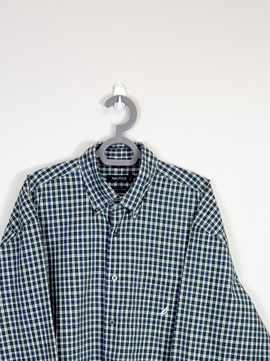 Nautica Shirt Mens XL Green Plaid Sanded Poplin Long Sleeve Collar Button Down
