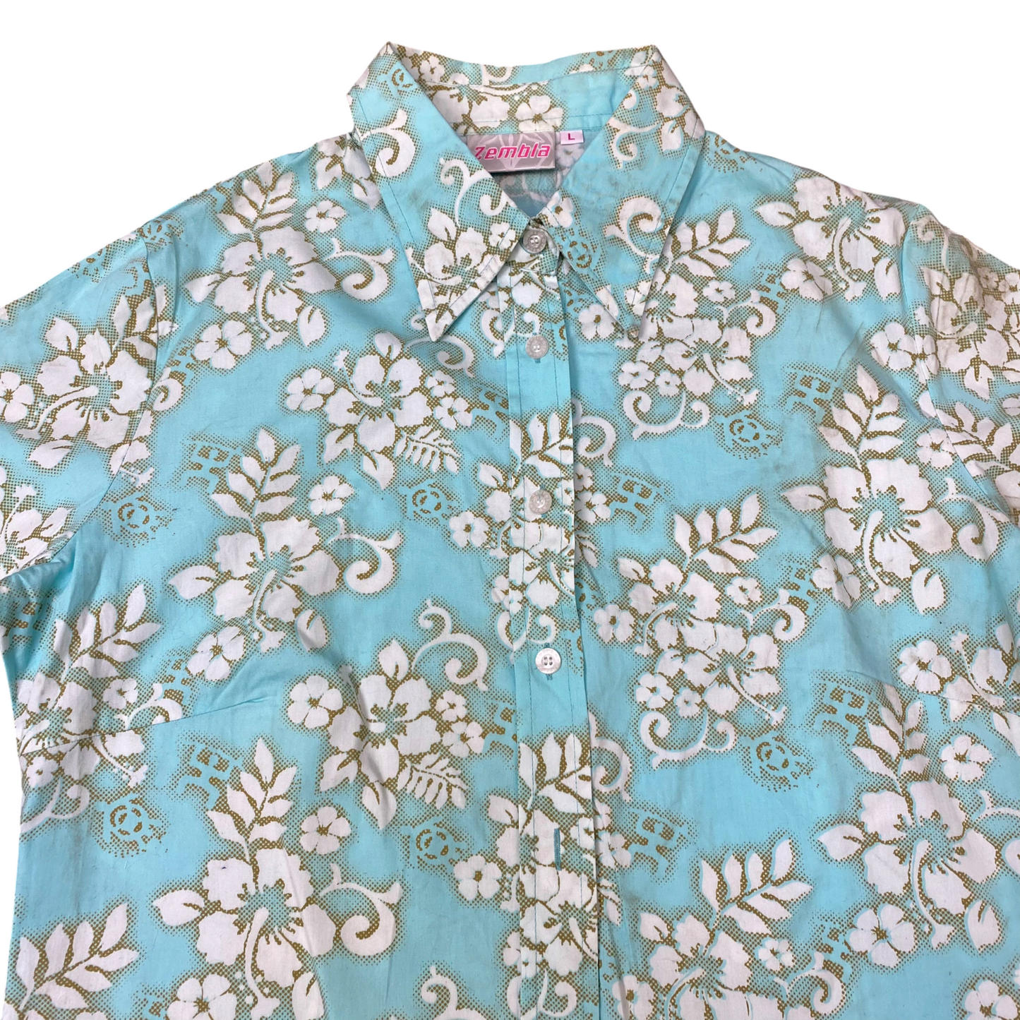 Hawaiian Shirt Womens L Blue Floral Casual Short Sleeve Button Front Outdoor