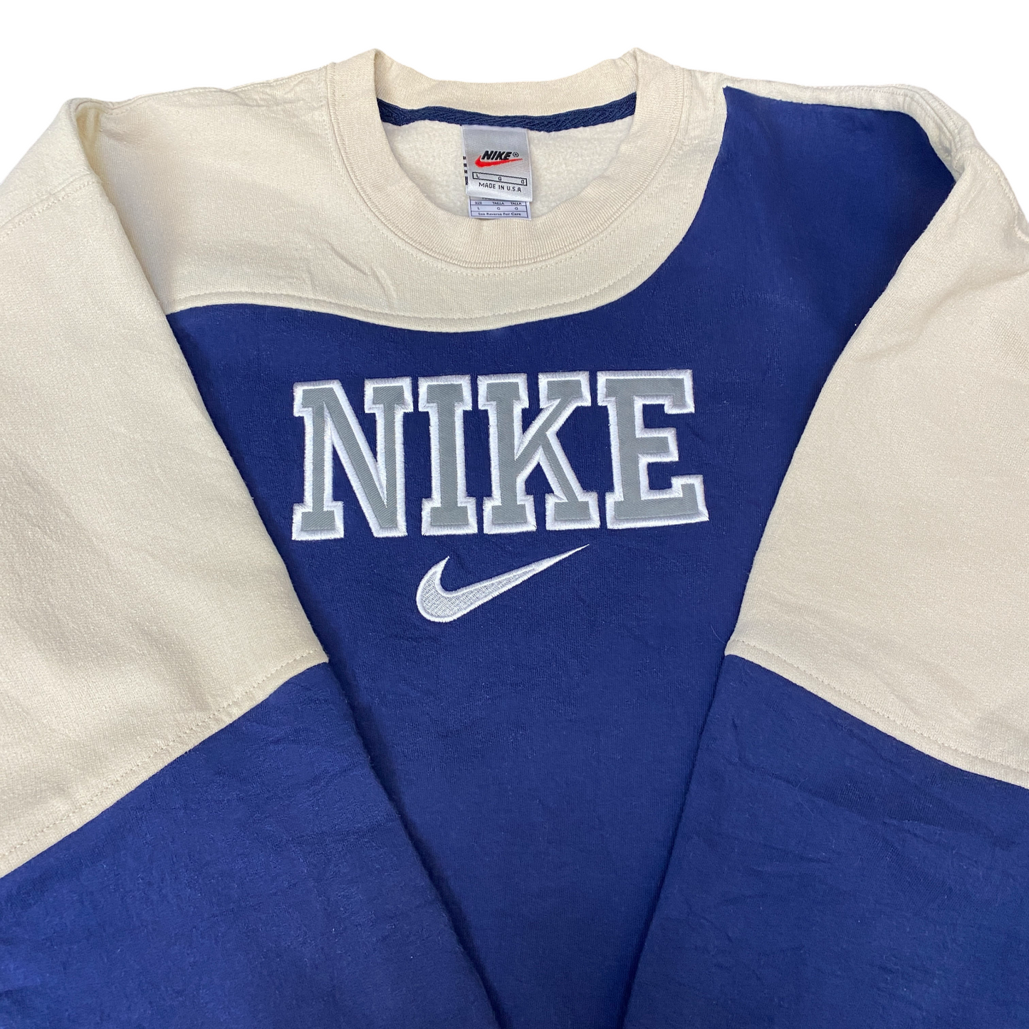 Nike Reworked Sweatshirt Mens L Navy Beige Embroidered Spellout Logo Vintage Y2K