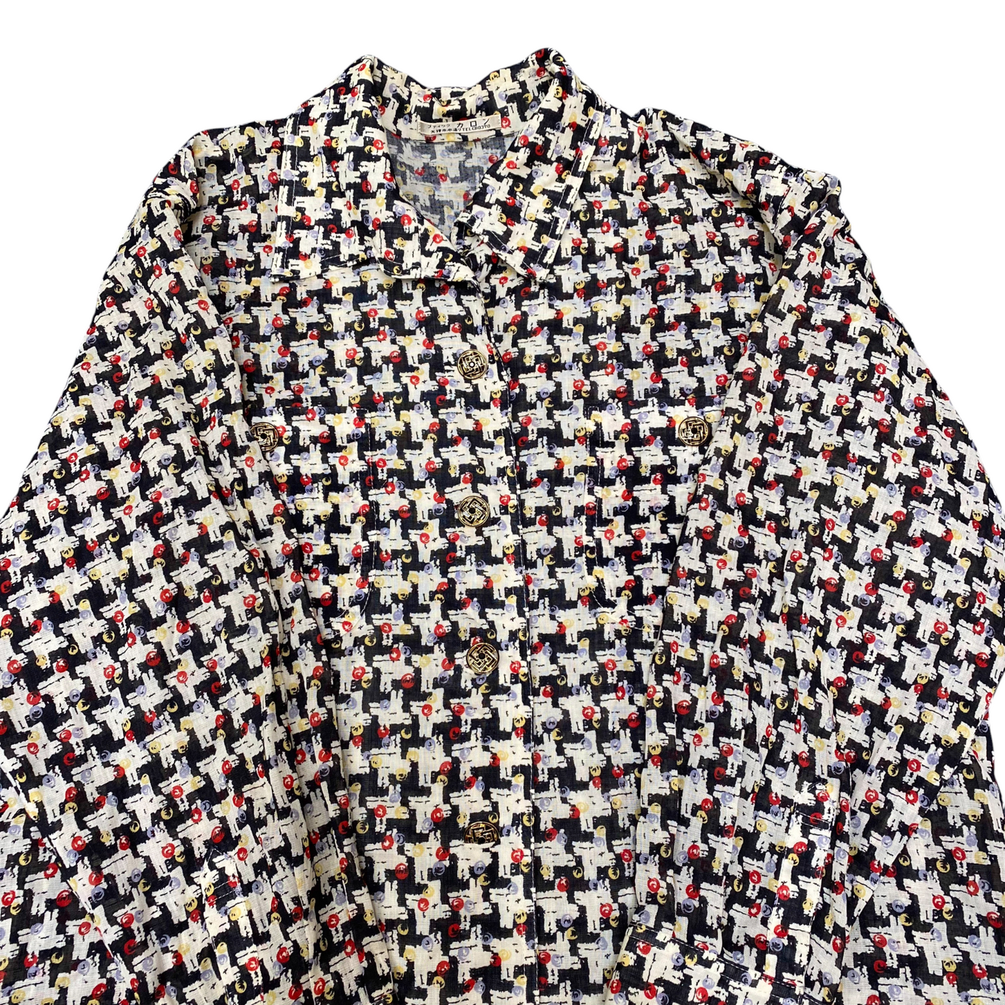 Shirt Top Womens M Multi Geo Print Collared Long Sleeve Pockets Button Down