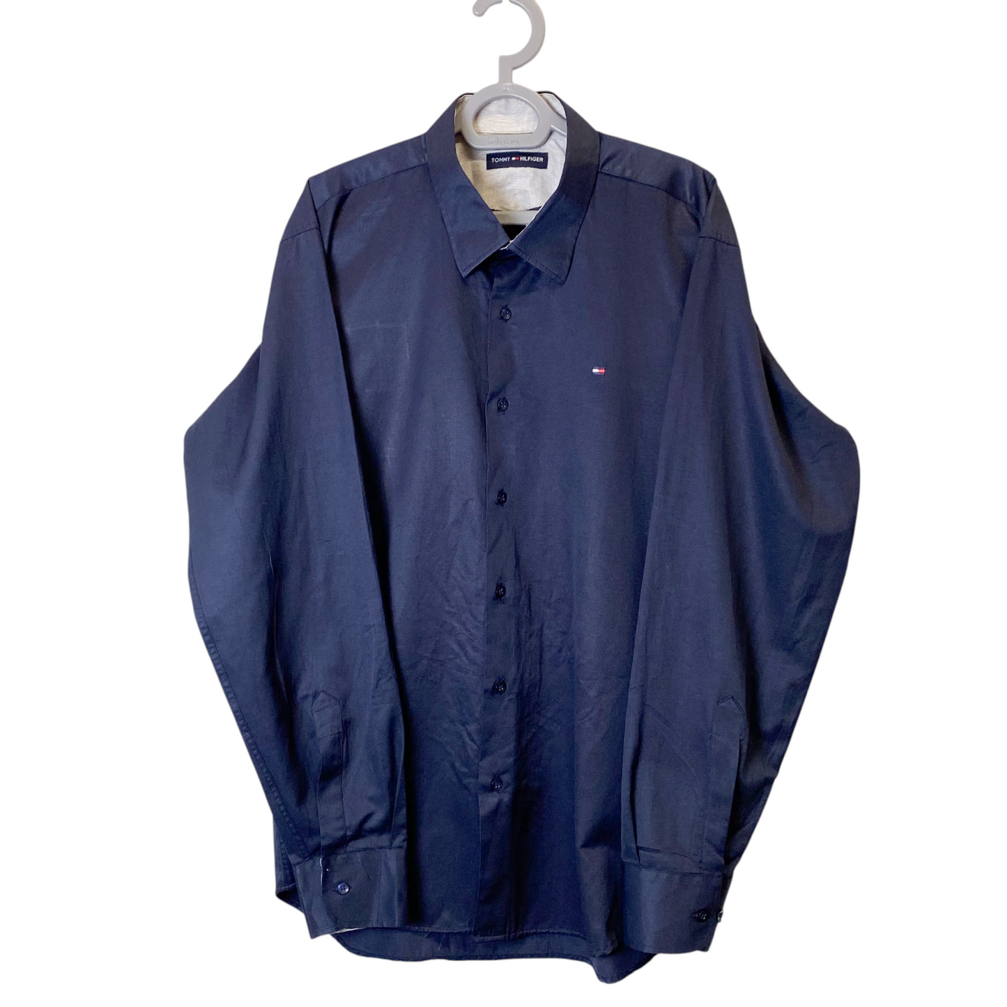 Tommy Hilfiger Shirt Mens Medium Blue Logo Long Sleeve Collar Casual Button Down