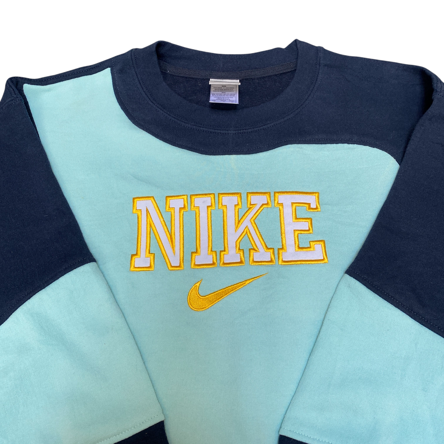 Nike Reworked Sweatshirt Mens M Navy Blue Embroidered Spellout Logo Vintage Y2K