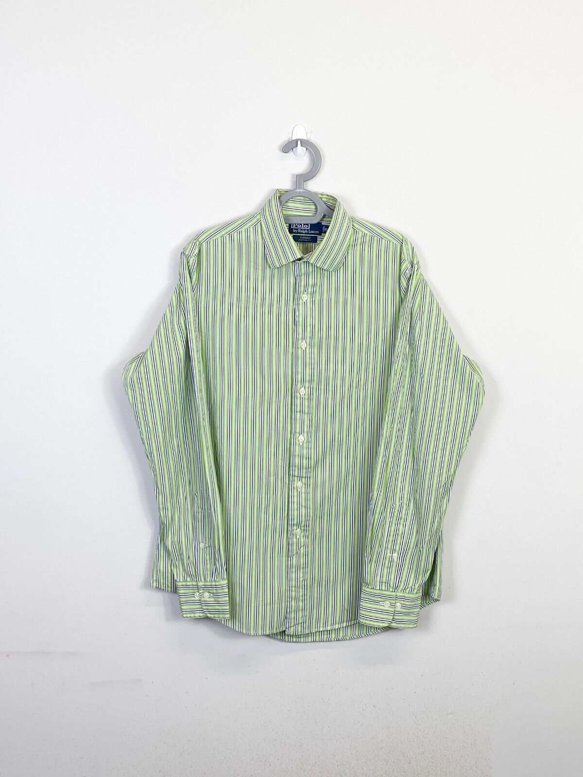 Ralph Lauren Dress Shirt Men Medium Green Striped Curham Classic Fit Button Down