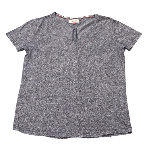 Hilfiger Denim T-Shirt Womens L Grey Short Sleeve Classic Logo V Neck Tee