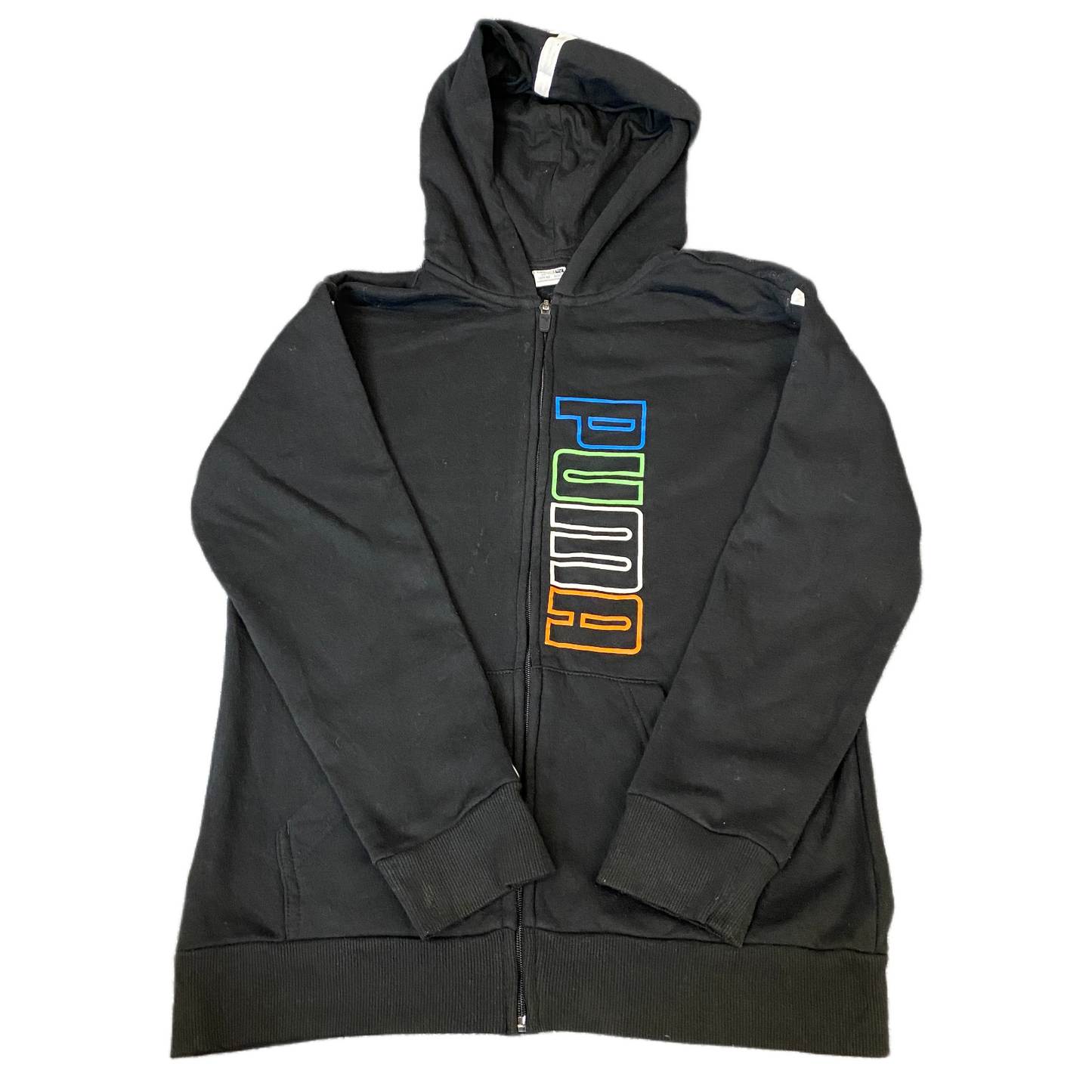 PUMA Hoodie Boys XS Black Spell Out Logo Fleece Lined Long Sleeve Full Zipper