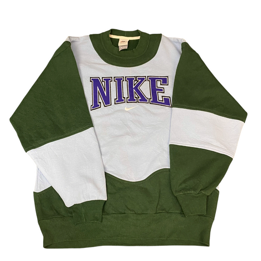Nike Reworked Sweatshirt Mens S Green Grey Embroidered Spellout Logo Vintage Y2K