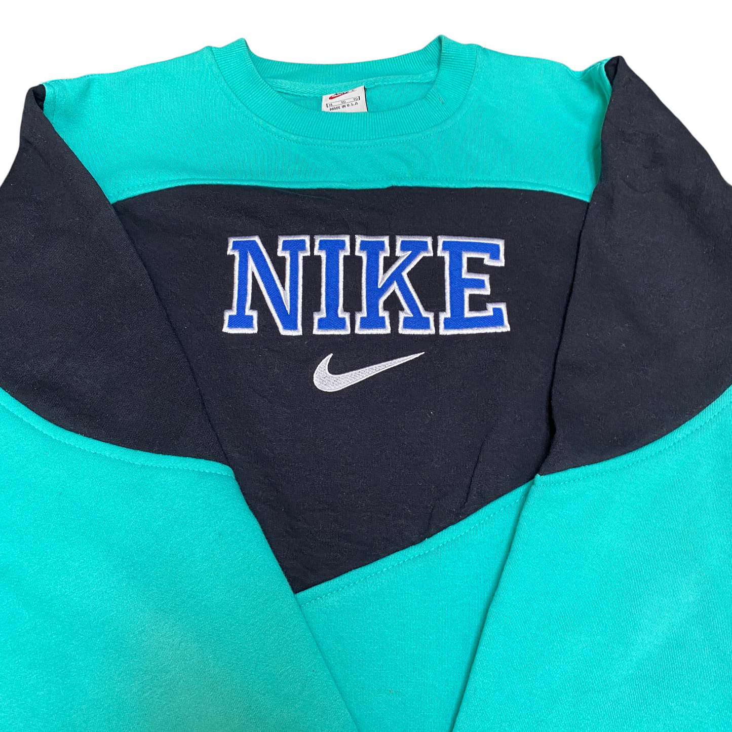 Nike Reworked Sweatshirt Men XL Aqua Black Embroidered Spellout Logo Vintage Y2K