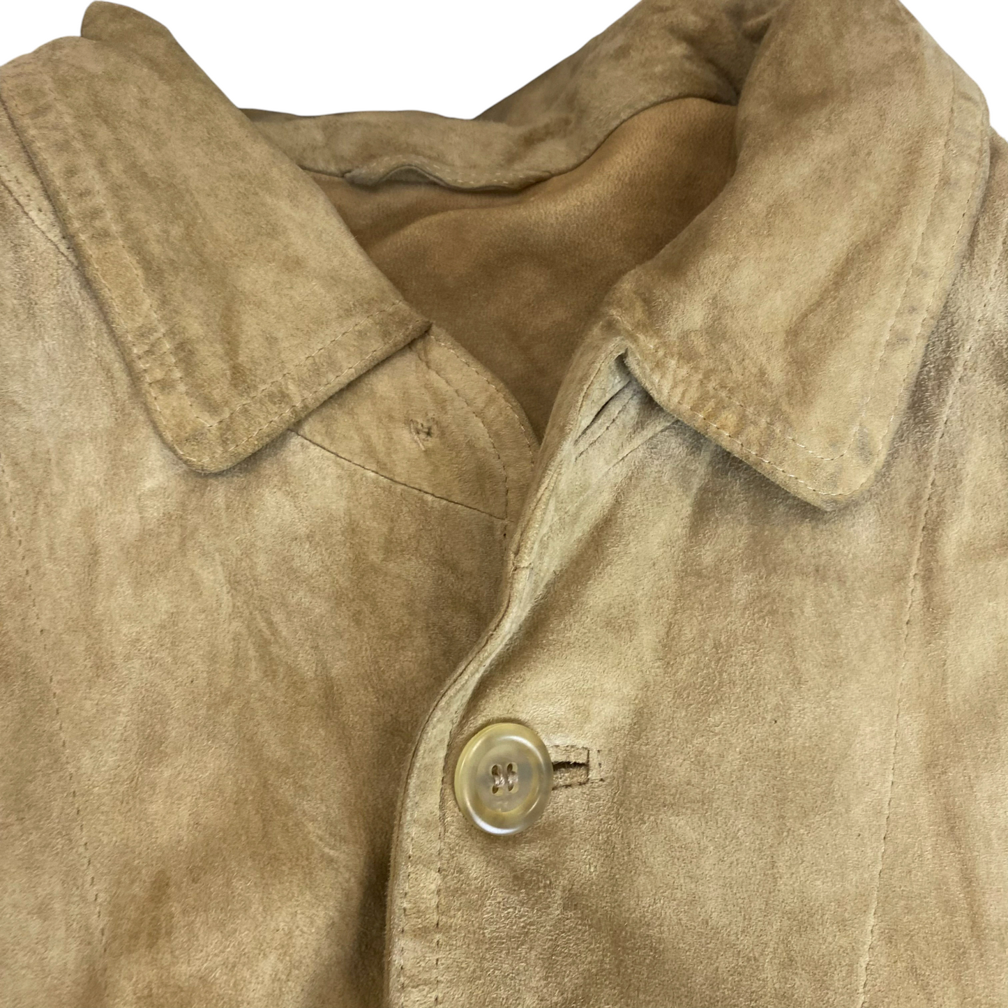 Jacket Mens L Green Suede Leather Pockets Long Sleeve Collared Button Front