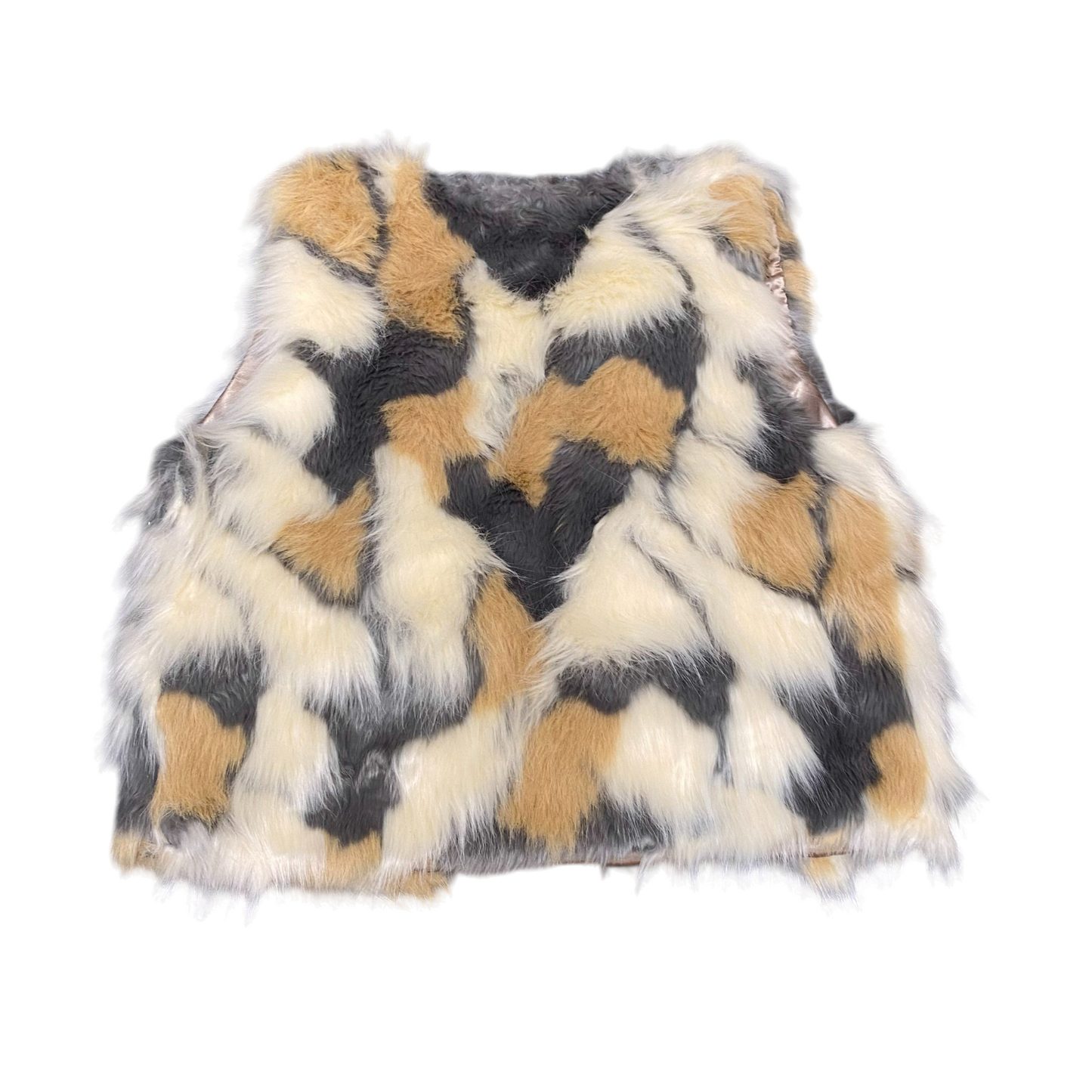 Kamili Faux Fur Vest Womens M Multi Printed Lightweight Sleeveless Open Front
