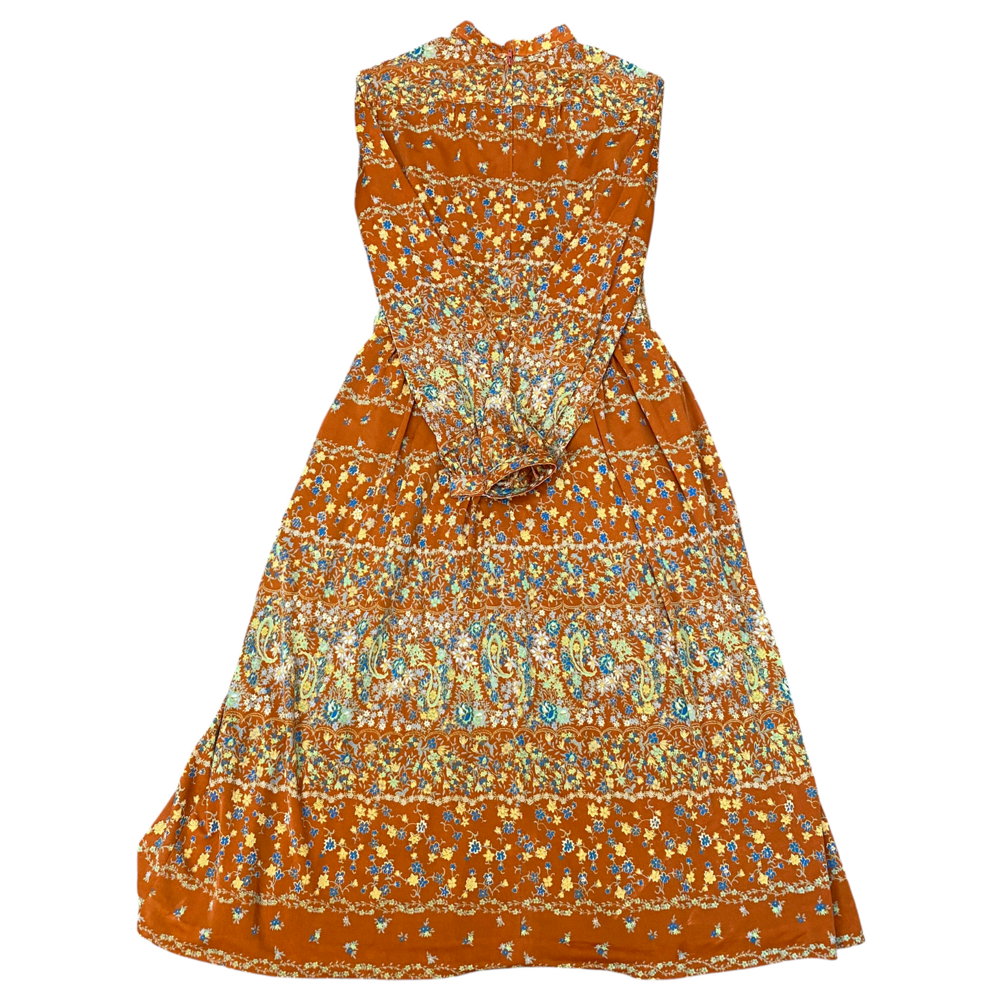 Pou Pee Maxi Dress Womens S Orange Floral Pleated Long Sleeve Button Front