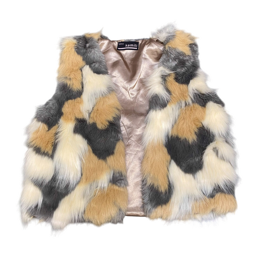 Kamili Faux Fur Vest Womens M Multi Printed Lightweight Sleeveless Open Front