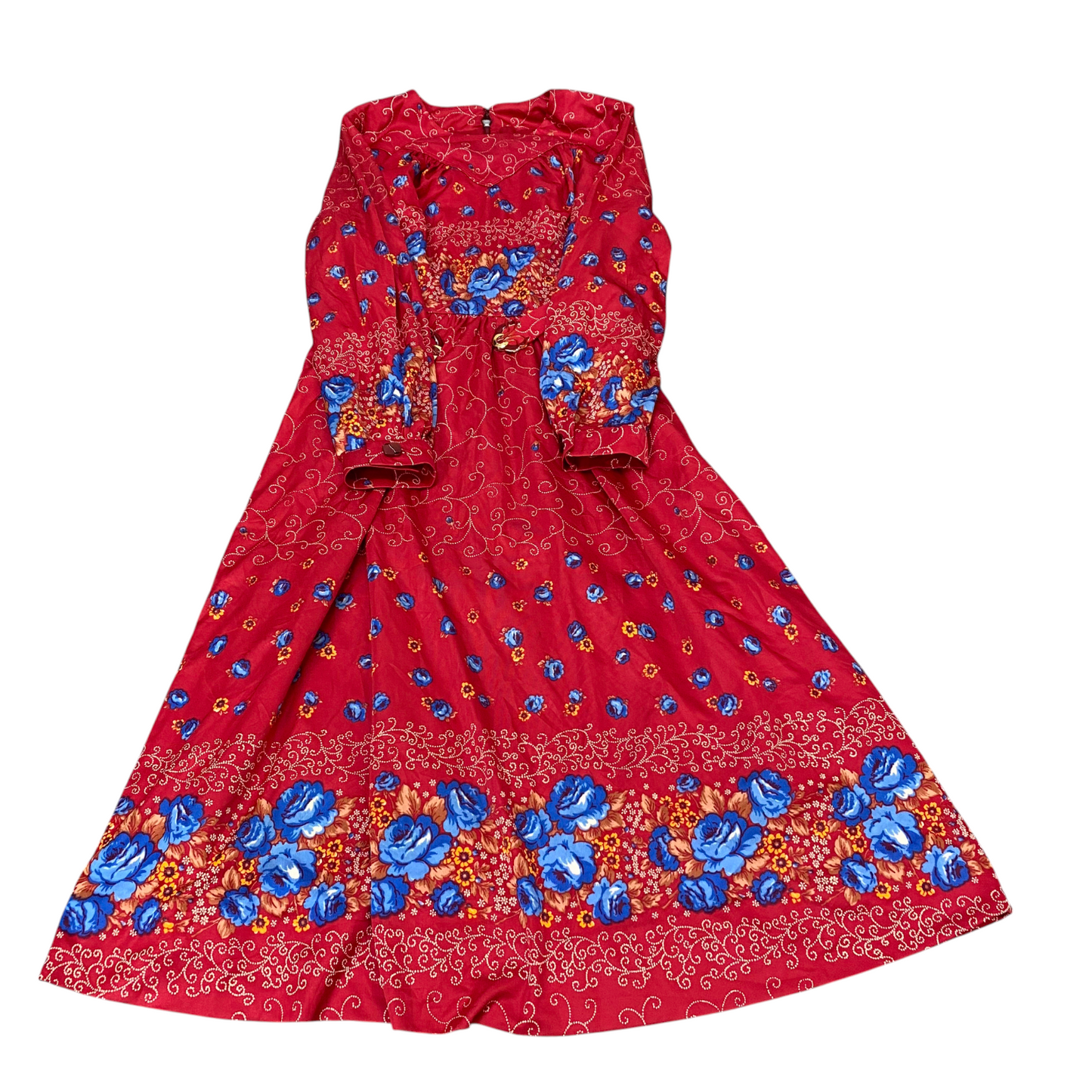 A Line Dress Womens S Red Floral Pleated Belted Long Sleeve Round Neck Back Zip