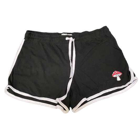 Running Sprinter Shorts Women XL 33" Waist Black Mushroom Drawstring Dolphin Hem
