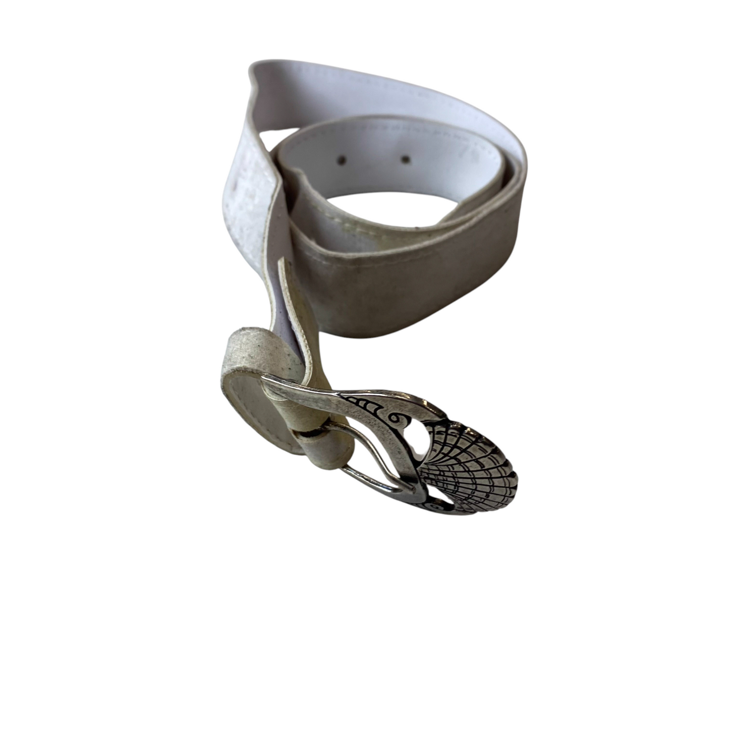 Mens Waist Belt White Leather Silver Adjustable Shell-Shaped Buckle Size 35 in