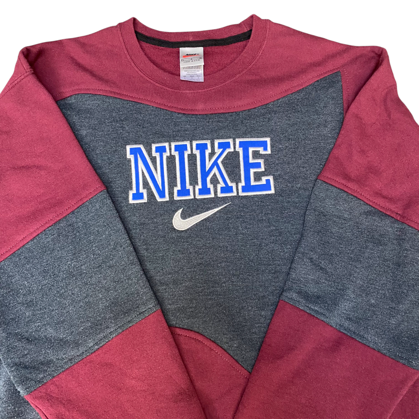Nike Reworked Sweatshirt Men L Maroon Grey Embroidered Spellout Logo Vintage Y2K