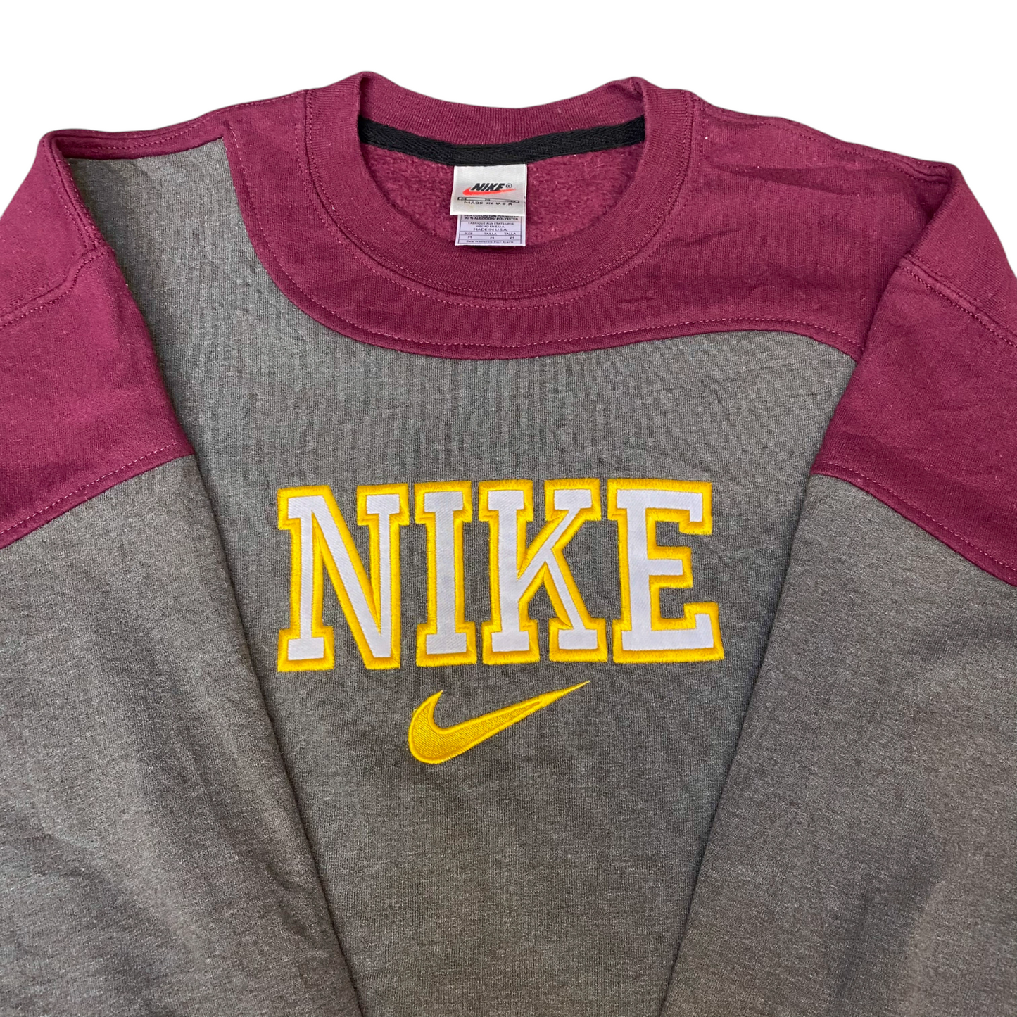 Nike Reworked Sweatshirt Mens M Burgundy Grey Embroidered Spellout Logo Vtg Y2K