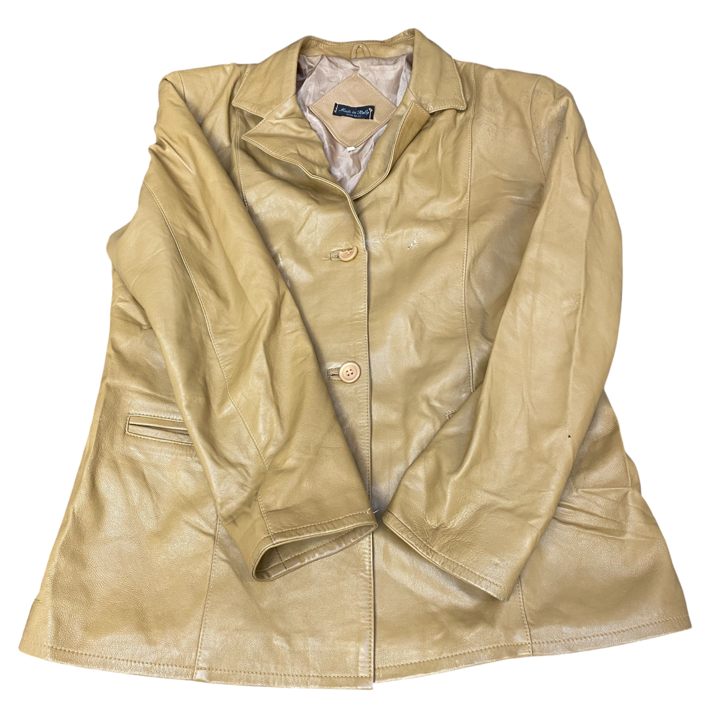 Vera Pelle Leather Blazer Jacket Womens Medium Beige Notch Lapel Single Breasted