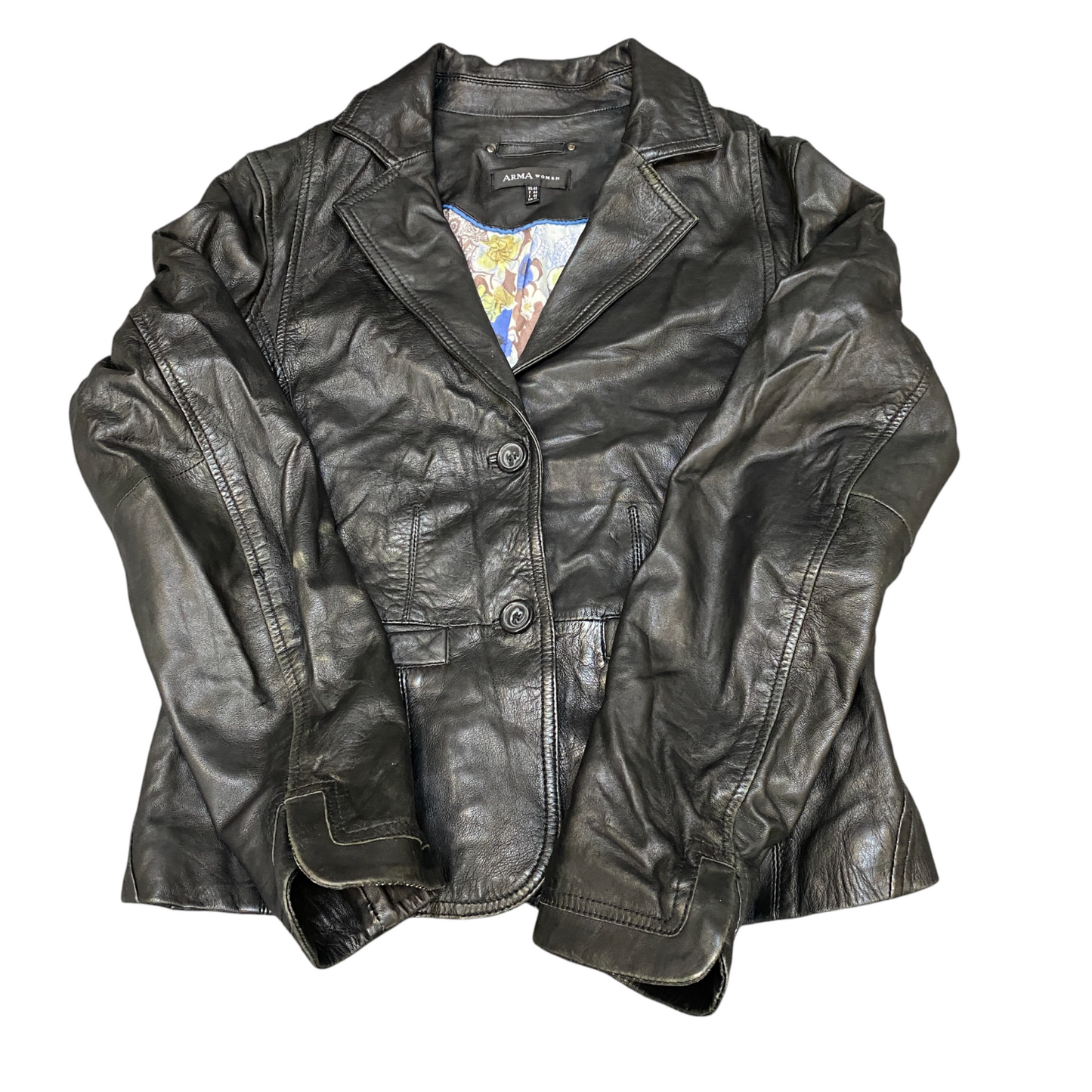 Arma Genuine Leather Blazer Jacket Womens M Black Notch Lapel Single Breasted