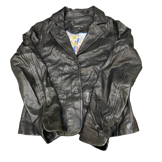 Arma Genuine Leather Blazer Jacket Womens M Black Notch Lapel Single Breasted