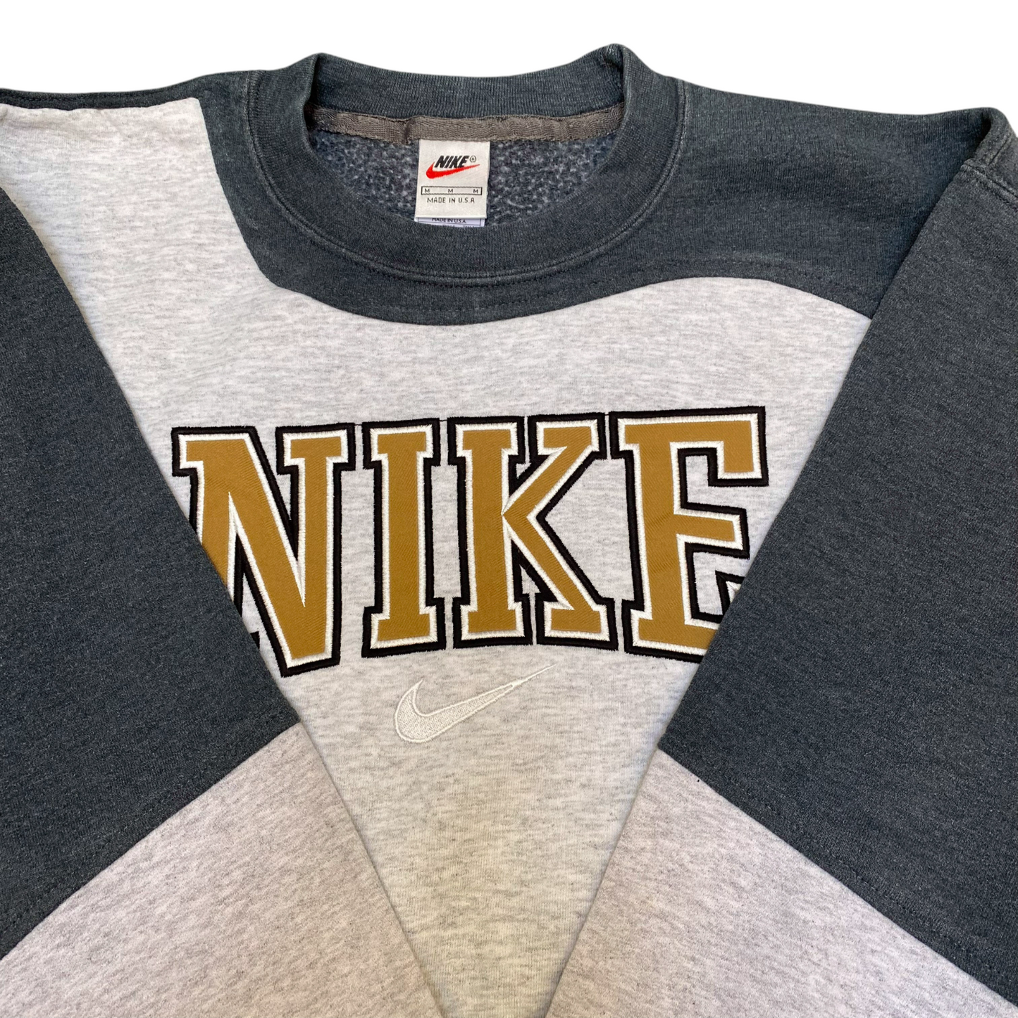 Nike Reworked Sweatshirt Mens Medium Grey Embroidered Spellout Logo Crew Neck