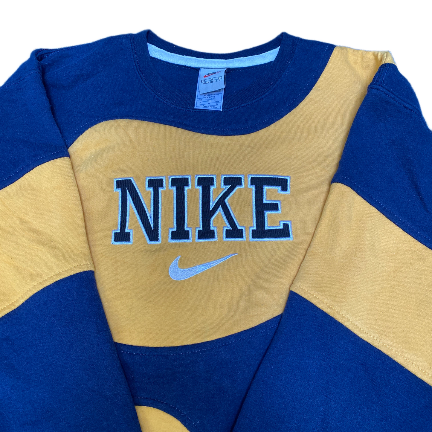 Nike Reworked Sweatshirt Men M Blue Yellow Embroidered Spellout Logo Vintage Y2K