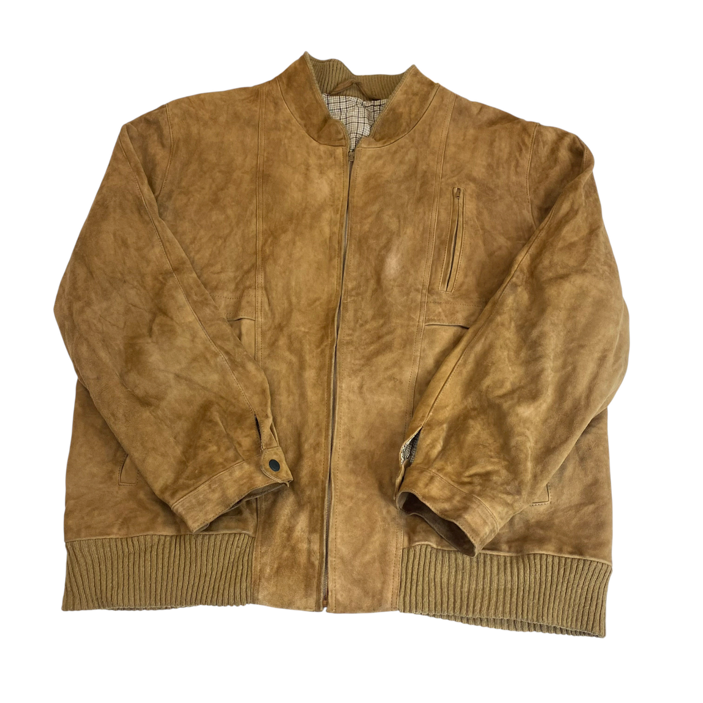 Bomber Jacket Mens M Brown Suede Leather Pockets Long Sleeve Full Zip Outdoor