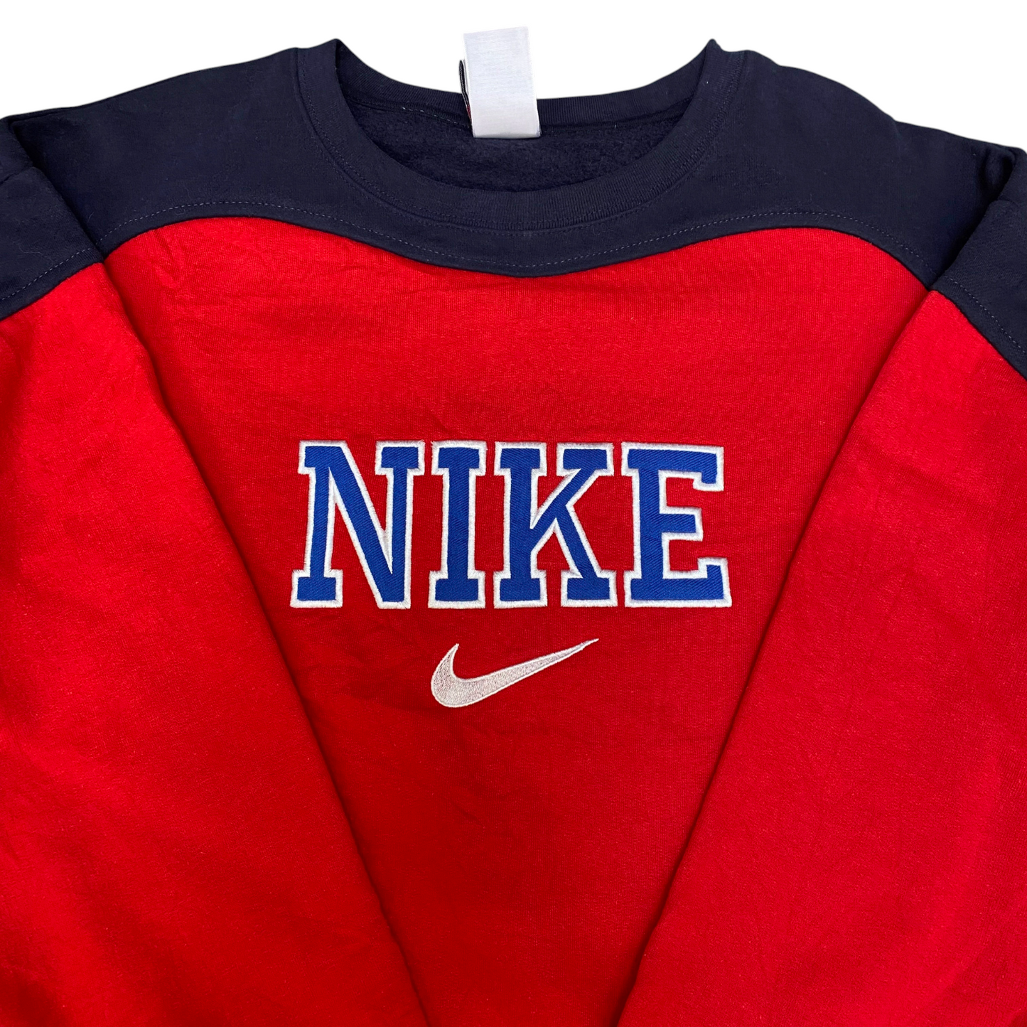 Nike Reworked Sweatshirt Mens M Navy Red Embroidered Spellout Logo Vintage Y2K