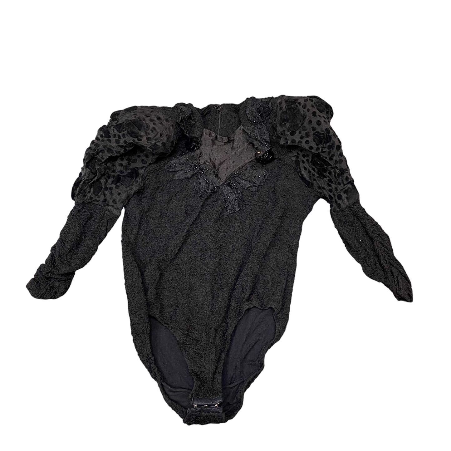 Bodysuit Womens S Black Textured Puffy Long Sleeve Beaded V-Neck Back Zip