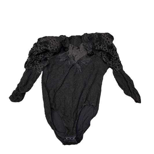 Bodysuit Womens S Black Textured Puffy Long Sleeve Beaded V-Neck Back Zip