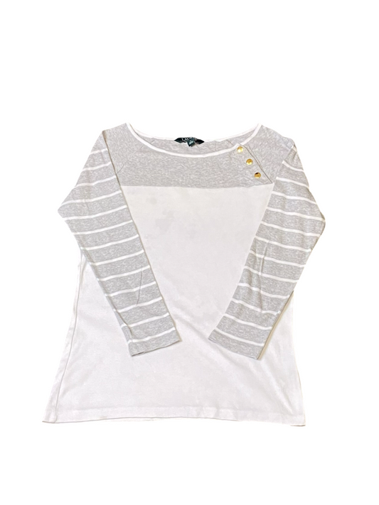 Ralph Lauren Shirt Womens Medium White Grey Striped Long Sleeve Henley Neck
