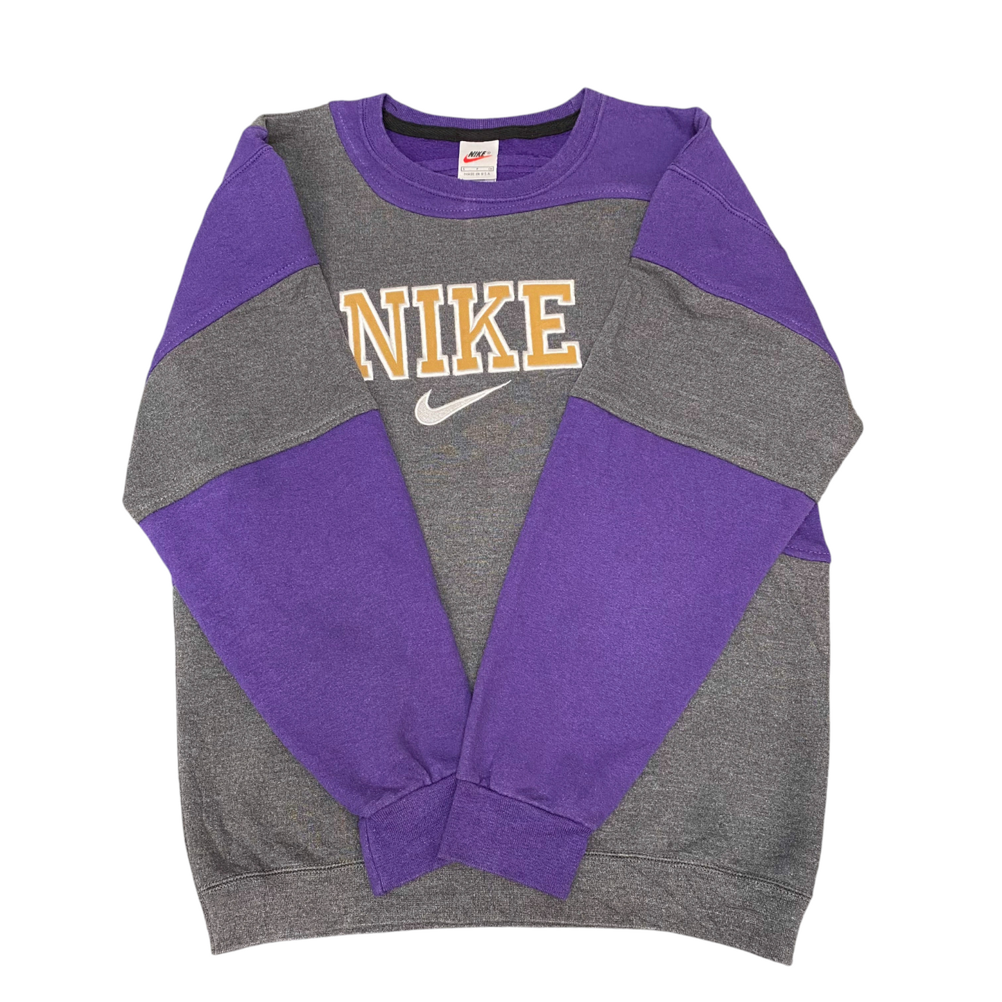 Nike Reworked Sweatshirt Mens Small Grey Purple Embroidered Spell Out Logo Y2K
