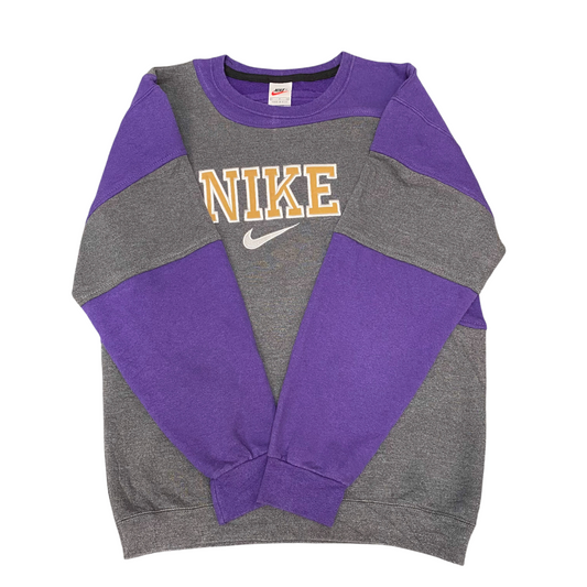 Nike Reworked Sweatshirt Mens Small Grey Purple Embroidered Spell Out Logo Y2K